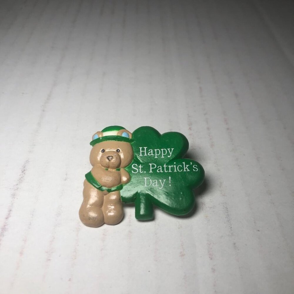 Happy St Patrick's Day Teddy Bear Lapel Pin Teddy Hugglesbie Vintage Shamrock